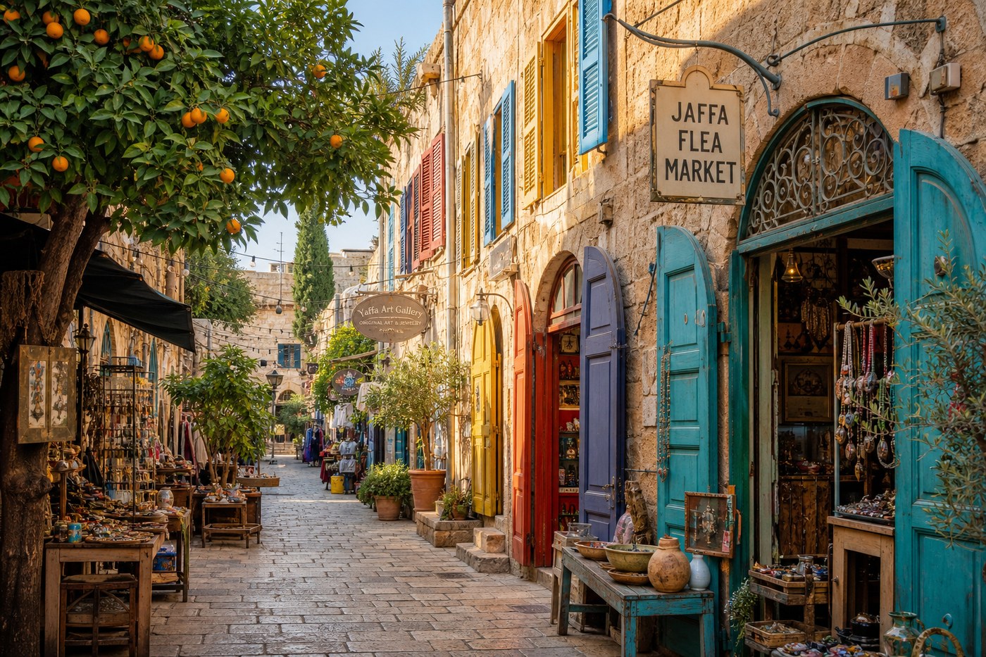 Jaffa flea market alley with colorful shutters