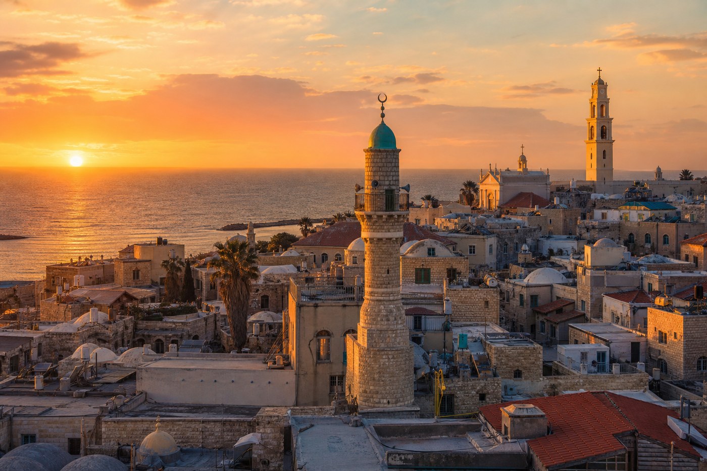 Sunset over Jaffa rooftops and the Mediterranean